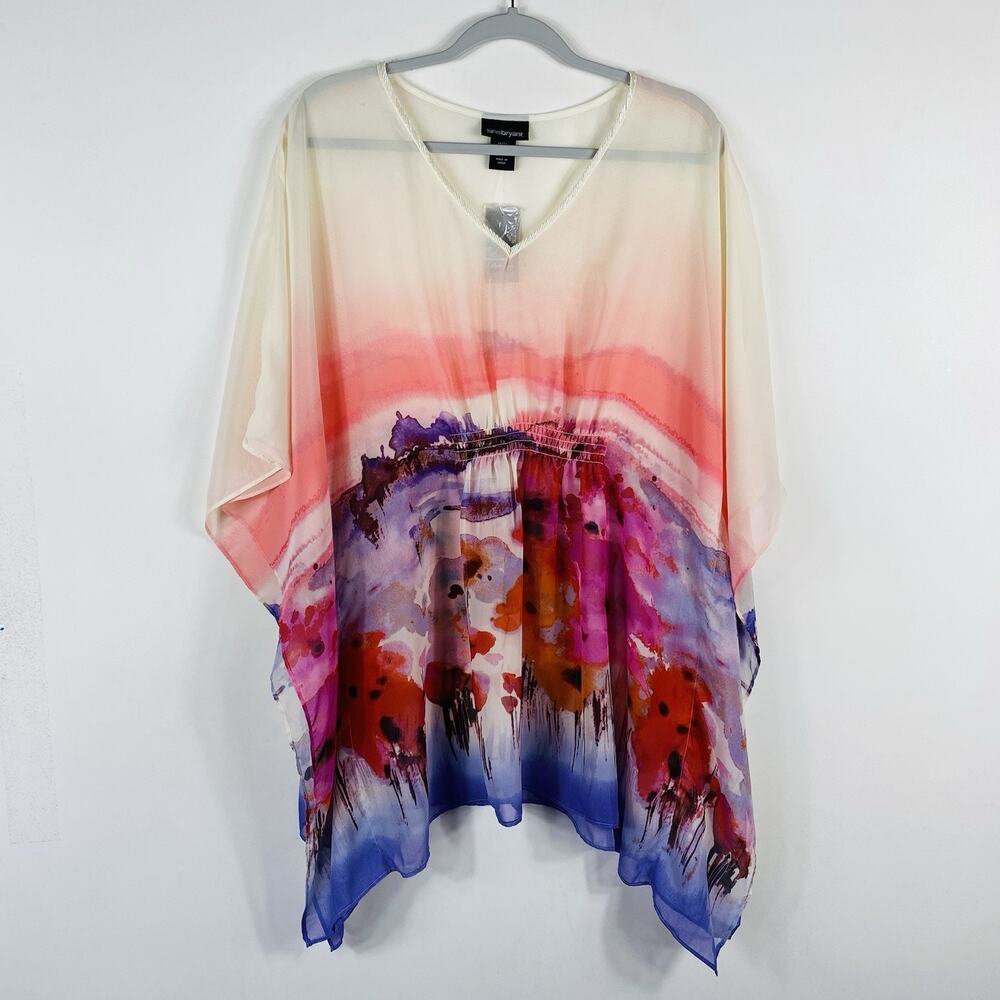 Lane Bryant Cover-Up 18 20 Watercolor Beaded V-Neck Sheer Dolman Swim Beach